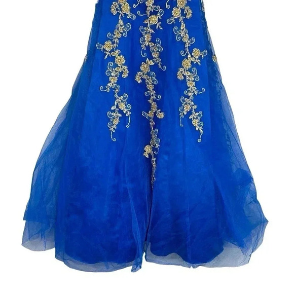 Royal Blue Gold Tulle‎ Strapless Ball Gown Princess Bling Regency Prom Size 2 - Picture 3 of 7